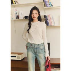 Three Quarters Hotfix Logo Tencel Wool Top White