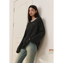Three Quarters Hotfix Logo Striped Mousse Cashmere L/S Tee Black