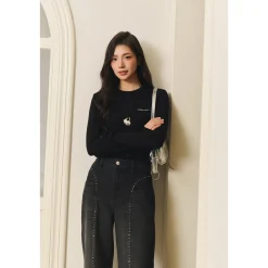 Three Quarters Hotfix Logo Tencel Wool Top Black