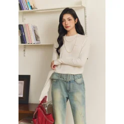 Three Quarters Hotfix Logo Tencel Wool Top White