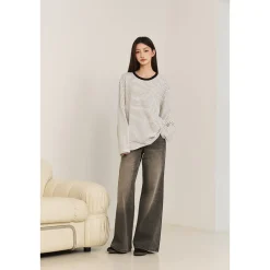 Three Quarters Hotfix Logo Striped Mousse Cashmere L/S Tee White