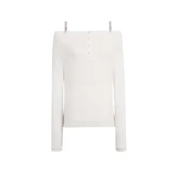Three Quarters Logo Diamond Chain Off Shoulder Wool Top White
