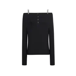 Three Quarters Logo Diamond Chain Off Shoulder Wool Top Black