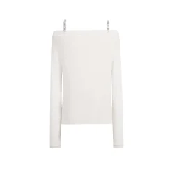 Three Quarters Logo Diamond Chain Off Shoulder Wool Top White
