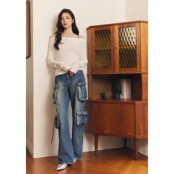 Three Quarters Logo Diamond Chain Off Shoulder Wool Top White