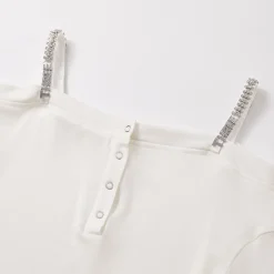 Three Quarters Logo Diamond Chain Off Shoulder Wool Top White