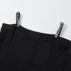 Three Quarters Logo Diamond Chain Off Shoulder Wool Top Black