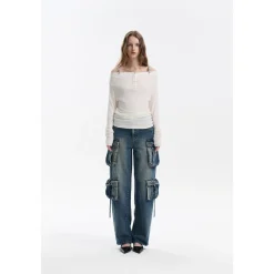 Three Quarters Logo Diamond Chain Off Shoulder Wool Top White
