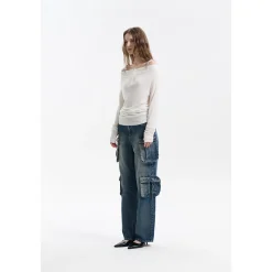 Three Quarters Logo Diamond Chain Off Shoulder Wool Top White