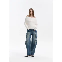 Three Quarters Logo Diamond Chain Off Shoulder Wool Top White