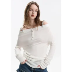 Three Quarters Logo Diamond Chain Off Shoulder Wool Top White