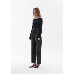 Three Quarters Logo Diamond Chain Off Shoulder Wool Top Black
