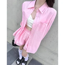 Three Quarters Logo Embroidery Shirt Pink