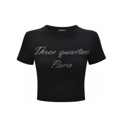 Three Quarters Rhinestone Logo Tee Black