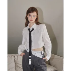 Three Quarters Rhinestone Crop Shirt White