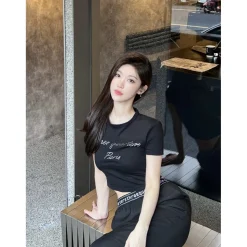 Three Quarters Rhinestone Logo Tee Black