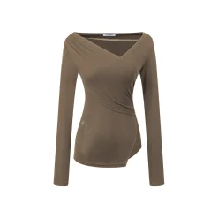 Three Quarters Wrinkled Knit Slim Top Khaki