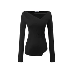 Three Quarters Wrinkled Knit Slim Top Black