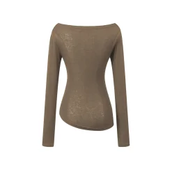 Three Quarters Wrinkled Knit Slim Top Khaki