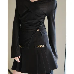 Three Quarters Wrinkled Knit Slim Top Black