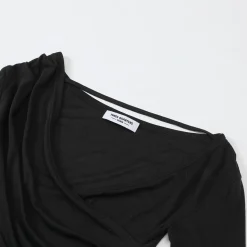 Three Quarters Wrinkled Knit Slim Top Black