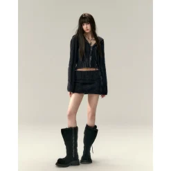Via Pitti Big Hat Twist Shorts Knit Cardigan Navy Blue