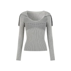 Via Pitti Big Lapel Striped Woolen Slim Top Gray