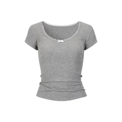 Via Pitti Bow Lace Patchwork T-Shirt Gray