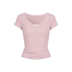 Via Pitti Bow Lace Patchwork T-Shirt Pink