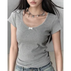Via Pitti Bow Lace Patchwork T-Shirt Gray