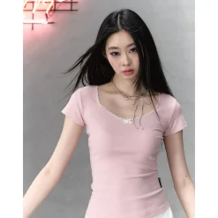Via Pitti Bow Lace Patchwork T-Shirt Pink