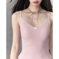 Via Pitti Bow Lace Patchwork Slip Vest Pink