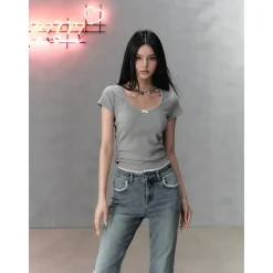 Via Pitti Bow Lace Patchwork T-Shirt Gray