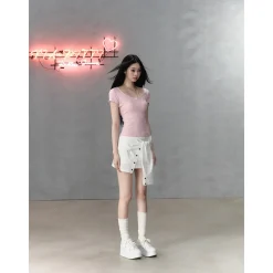 Via Pitti Bow Lace Patchwork T-Shirt Pink