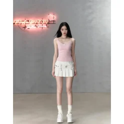 Via Pitti Bow Lace Patchwork Slip Vest Pink