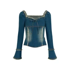Via Pitti Bow-Knot Destroy Edge Denim Top