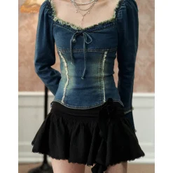 Via Pitti Bow-Knot Destroy Edge Denim Top