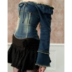 Via Pitti Bow-Knot Destroy Edge Denim Top