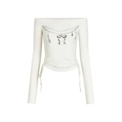 Via Pitti Bow-Knot Pearl Printed Off Shoulder Top White