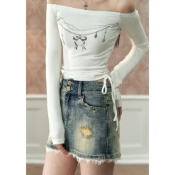 Via Pitti Bow-Knot Pearl Printed Off Shoulder Top White
