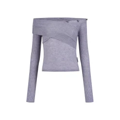 Via Pitti Bow-Knot Pin Off Shoulder Knit Top Purple