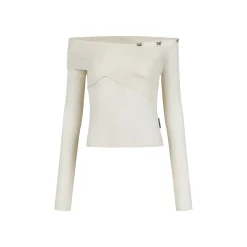 Via Pitti Bow-Knot Pin Off Shoulder Knit Top Cream