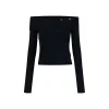 Via Pitti Bow-Knot Pin Off Shoulder Knit Top Black