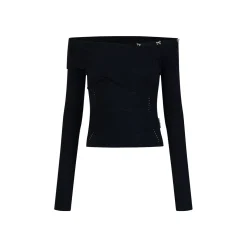 Via Pitti Bow-Knot Pin Off Shoulder Knit Top Black