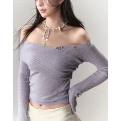 Via Pitti Bow-Knot Pin Off Shoulder Knit Top Purple