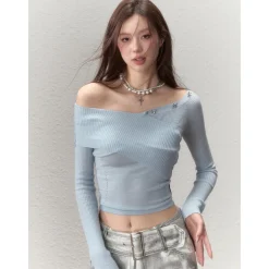 Via Pitti Bow-Knot Pin Off Shoulder Knit Top Blue