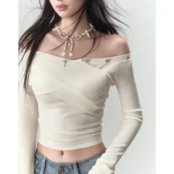 Via Pitti Bow-Knot Pin Off Shoulder Knit Top Cream