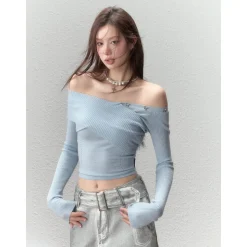 Via Pitti Bow-Knot Pin Off Shoulder Knit Top Blue