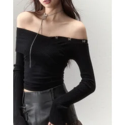 Via Pitti Bow-Knot Pin Off Shoulder Knit Top Black