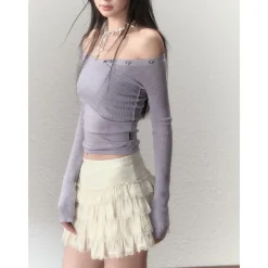 Via Pitti Bow-Knot Pin Off Shoulder Knit Top Purple